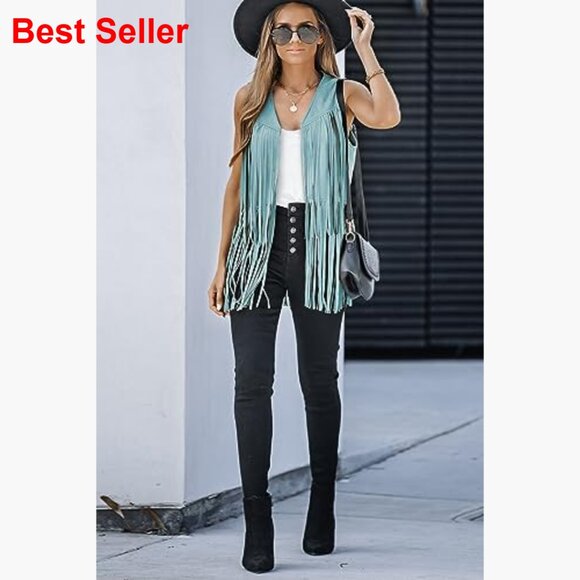 Faux Suede Fringe Vest Sleeveless Western Outerwear - Picture 4 of 7